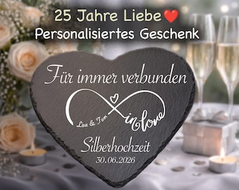 Regalo personalizado para el 25 aniversario de bodas: Pizarra en forma de corazón | 25 años de decoración nupcial | Unidos para siempre | Regalo de boda para parejas