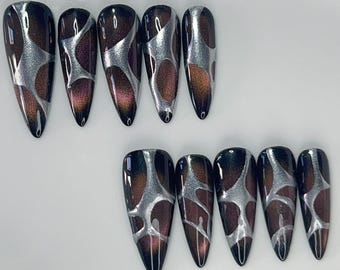 Black Gold Cat Eye Press On Nails: Silver Chrome Lines, Long Almond