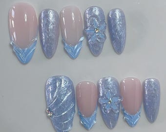 3D Floral Mermaid Press On Nails: Handmade Ocean Bloom False Nails