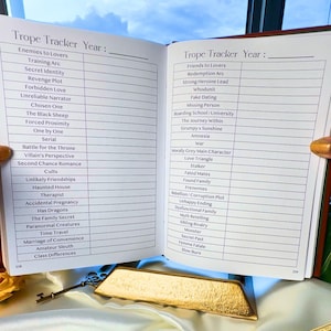 May include: An open notebook titled "Trope Tracker Year" with a list of romance tropes. A pen with the text "It's a good day to have a good day" is on a satin surface.