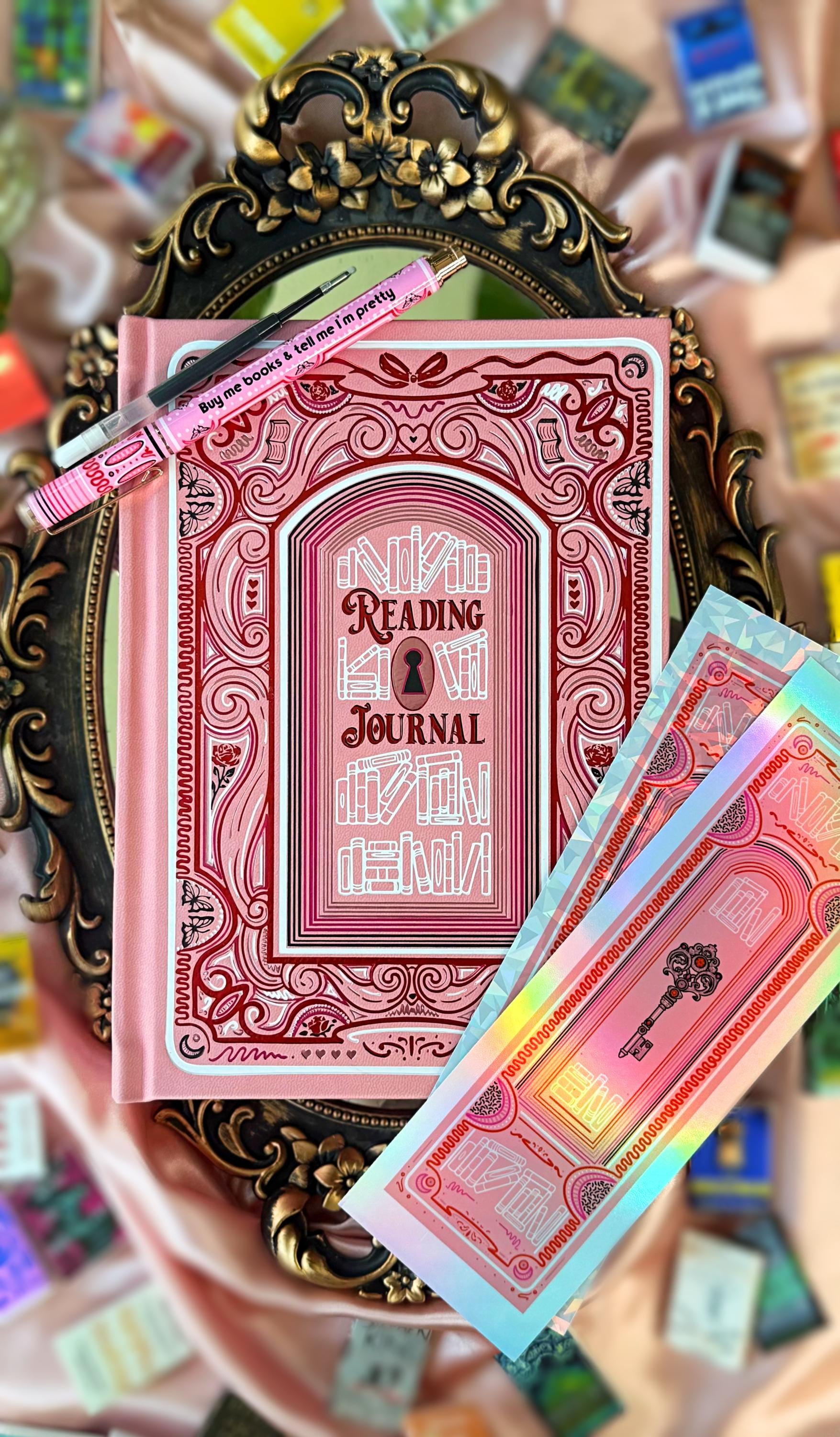 Reading Journal Bundle Petal Pink Beautiful Foil Book Journal includes Matching Bookmark, Pen, and Ink Refill Gift for Readers
