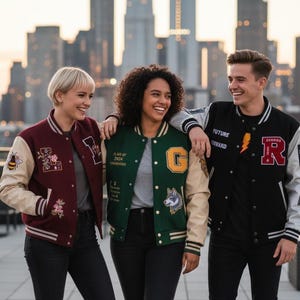 May include: Three people wearing varsity jackets with various patches and lettering. The jackets are in maroon, green, and black, with cream-colored sleeves. The jackets feature a bee, floral designs, the letter "G", a wolf, and the words "FUTURE FORWARD".