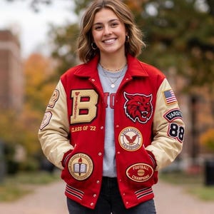 Custom Red Varsity Jacket with Patches, Classic College Bomber Style