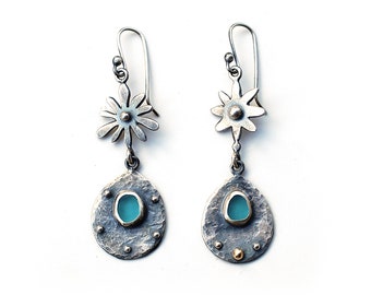 Mismatched Turquoise Sea Glass Earrings Long Dangles Silver and Sea Glass Bezel Set