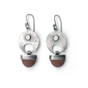 Natural Beach Pebble Earrings with Dangles, hammered, rustic, silver bezel set, one of a kind