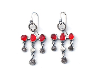 Dot and Dangle Sea Glass Earrings in fall colours sterling silver bezel set red sea glass