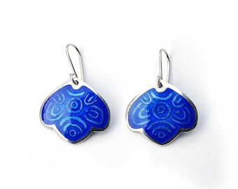 Enamel Earrings Blue Leaf Etched Silver Deep Blue Cobalt Glass Enamel Transparent Enamel Blue Earrings Silver Earrings Drop Earrings