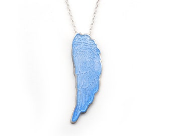 Blue Enamel Angel Wing Pendant Etched Silver Glass Enamel Transparent Enamel Basse Taille Modern Necklace