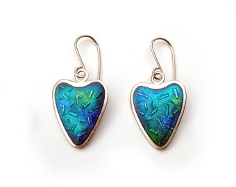 Enamel Earrings Green Hearts Etched Silver Glass Enamel Transparent Enamel Basse Taille Modern Earrings Green and Blue