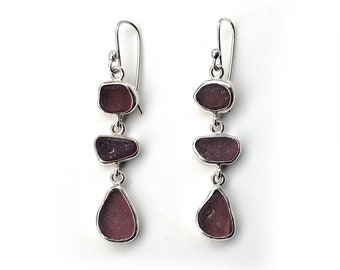 Purple Sea Glass Three Drop Silver Earrings Bezel Set dangles drops