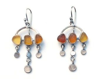 Dot and Dangle Sea Glass Earrings in fall colours sterling silver bezel set amber brown