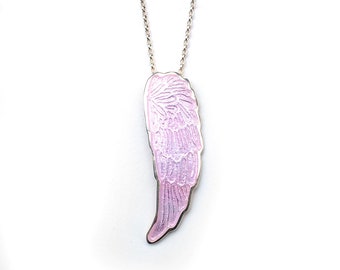 Pale Pink Enamel Angel Wing Pendant Etched Silver Glass Enamel Transparent Enamel Basse Taille Modern Necklace hand made one of a kind