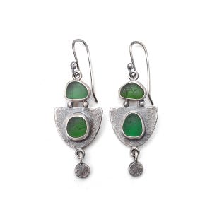 Hammered Sterling Silver Shield Earrings Green Sea Glass Bezel Set Rustic One of a Kind