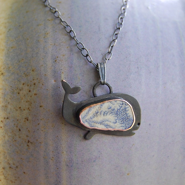Pottery Shard jewelry - Whale Pendant with Silver Chain