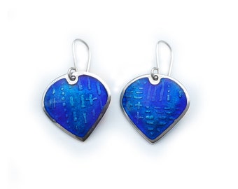 Enamel Earrings Blue Drops Etched Silver Deep Blue Indigo Glass Enamel Transparent Enamel