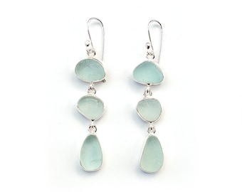 Pale Seafoam Green Sea Glass Three Drop Silver Earrings Bezel Set  frosted