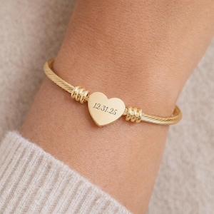 Engravable Heart Cuff Bracelet | Personalized Date Cable Bangle