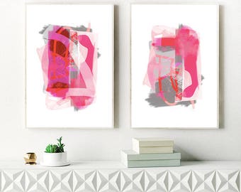 Grey, Pink and Navy Abstract Art, Set of Two Art Prints, Two Large Paintings, Printable Modern Art, Original Art, Extra Large Art