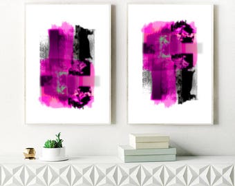 Hot Pink, Grey, Hot Pink and Black Abstract Painting, Watercolor Print, Large Mixed Media Art, Downloadable Abstract Art, Modern Printable