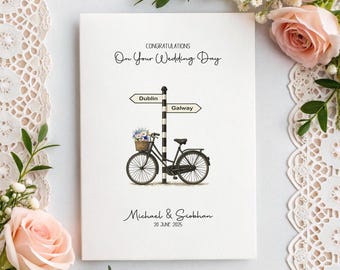 Irish Wedding Card, Personalised Signpost and Bike Design with County, Names and Date