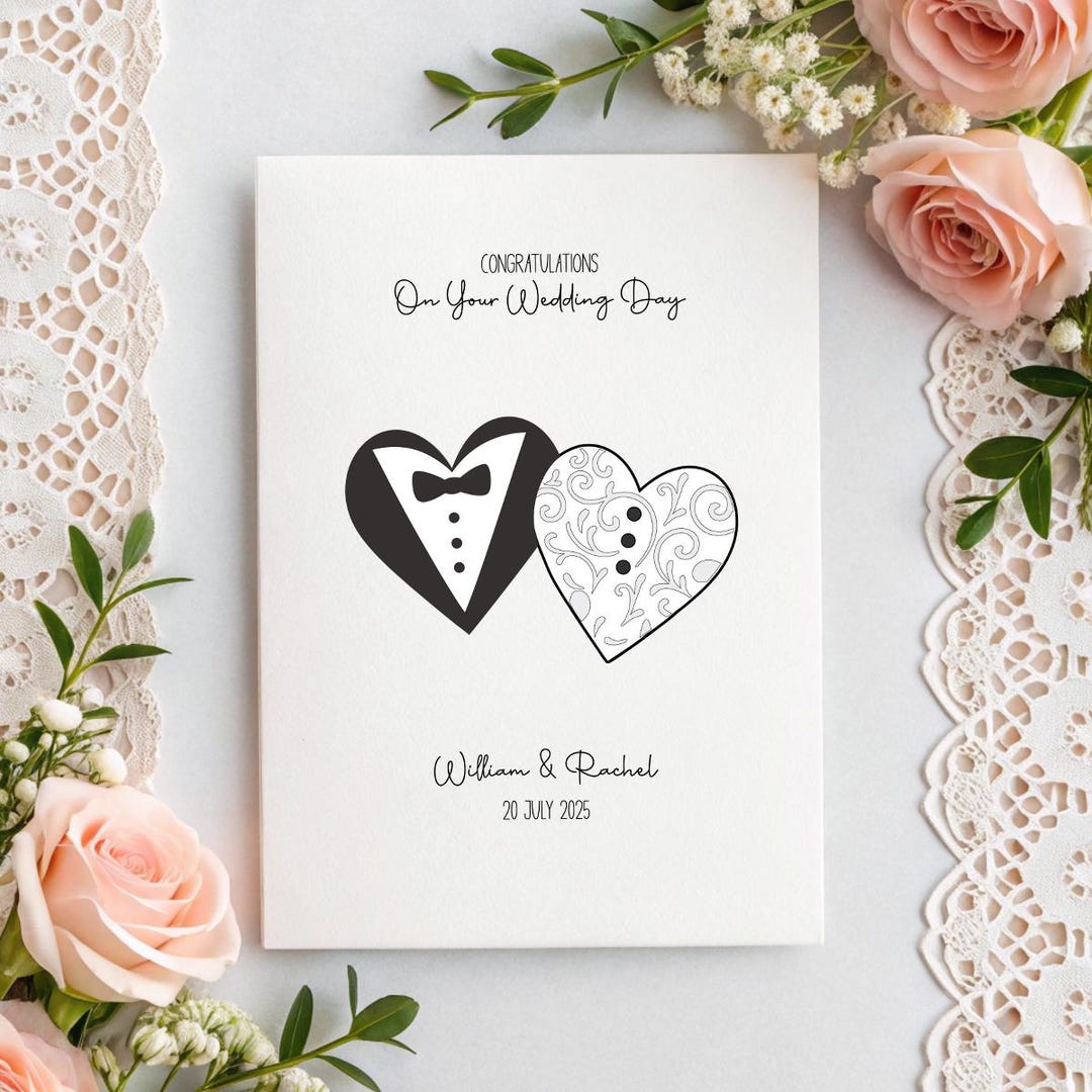 Personalized Wedding Card: Elegant Heart Design, Linen Texture - Etsy UK