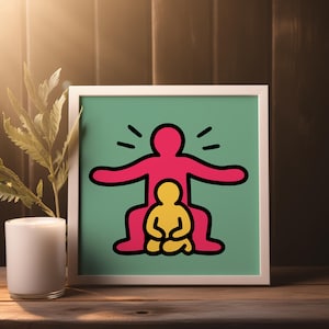 Impresión de arte pop "Lugar seguro" - Póster de madre e hijo - Arte mural cuadrado emocional - Figura protectora - Descarga instantánea imprimible