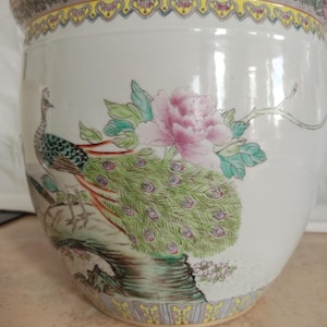 Large Vintage Chinese Porcelain Planter Vase: Birds of Paradise Peacocks