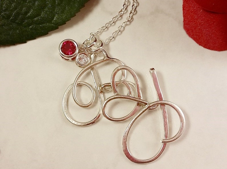 Sterling Silver Two Initial Necklace with Option of up to two 4mm Lab Created or CZ Birthstones of your choice