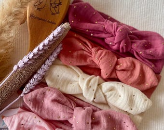 Double gauze headband with gold polka dots – Baby to adult hair accessory – Handmade headband