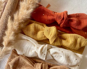 Double gauze headband with gold polka dots – Baby to adult hair accessory – Handmade headband