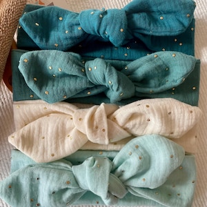 Double gauze headband with gold polka dots – Baby to adult hair accessory – Handmade headband