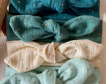 Double gauze headband with gold polka dots – Baby to adult hair accessory – Handmade headband