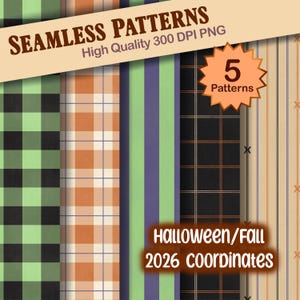 Op de afbeelding: Een digitale collectie van 5 naadloze patronen met Halloween- en herfstthema's. De ontwerpen bevatten groen-zwarte ruiten, oranje ruitpatronen, paarse en groene strepen, een zwart raster met oranje lijnen en beige verticale strepen met kleine kruisjes.