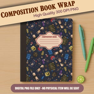 May include: A composition book with a dark blue cover featuring a repeating pattern of scrolls, potion bottles, crystals, and books. A central cream-coloured label with a decorative border contains the text COMPOSITION BOOK and four lines.