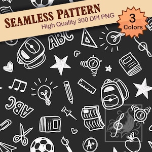 Könnte beinhalten: Nahtloses Muster mit weißen Schulelementen auf schwarzem Hintergrund. Enthält Rucksäcke, Sterne, Glühbirnen und den Text "SEAMLESS PATTERN" und "High Quality 300 DPI PNG". Das Bild zeigt auch "3 Colors".