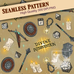 May include: A seamless pattern featuring fantasy RPG elements. The design includes dice, shields, candles, a crossbow, and a mace, with the text "SEAMLESS PATTERN" and "DIVINE INTERVENTION". The background is a tan color with teal star accents.
