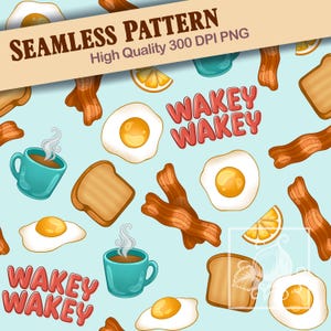 Puede incluir: Patrón sin costuras con alimentos de desayuno como huevos, tocino, tostadas, café y rodajas de limón sobre un fondo azul claro. Las palabras "WAKEY WAKEY" están en rojo. El texto "SEAMLESS PATTERN" y "High Quality 300 DPI PNG" está incluido.