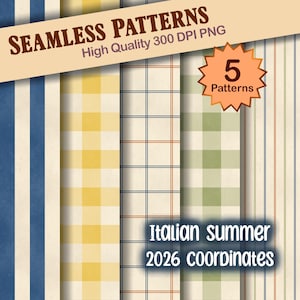 Italian Summer Coordinates | Seamless Pattern Bundle - 5 Hand-drawn Files - Instant Download 300 DPI PNG - Classic Coastal Mediterranean