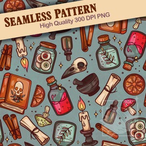 Pode incluir: Padrão sem costura com fundo azul-petróleo apresentando vários elementos de bruxaria. Inclui frascos de poções, pergaminhos, velas, uma caveira e um livro com uma caveira na capa. O texto "SEAMLESS PATTERN" e "High Quality 300 DPI PNG" é exibido no topo.