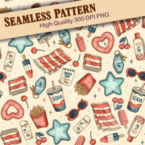 May include: Seamless pattern with summer beach theme elements. Includes red and white striped beach towels, sunglasses, soda cups, popsicles, star-shaped floaties, cherries, and french fries. The text reads "SEAMLESS PATTERN" and "High Quality 300 DPI PNG".
