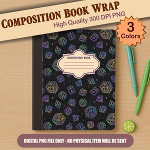 Peut inclure: Un motif de dés colorés orne cette couverture de cahier noire. Le texte « COMPOSITION BOOK » est inscrit dans une étiquette décorative. L'image contient également le texte « COMPOSITION BOOK WRAP » et « High Quality 300 DPI PNG ».