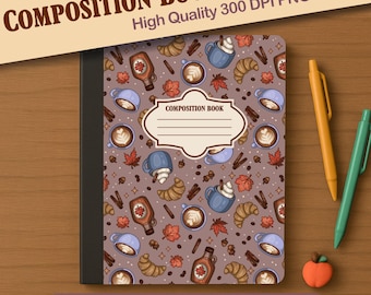 Maple Morning | Cozy Fall Coffee and Leaves Composition Book Wrap – Front & Back 300 DPI PNG – Hand Drawn Notebook Skin, Autumn Cafe, Lattes