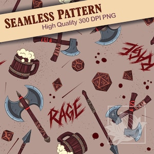 Puede incluir: Patrón sin costuras con ilustraciones de dibujos animados de hachas, dados, jarras de cerveza y lanzas sobre un fondo beige. La palabra "RAGE" está escrita en una fuente estilizada, y el texto "SEAMLESS PATTERN High Quality 300 DPI PNG" está en la parte superior.