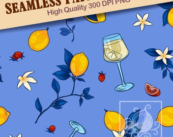 Amalfi Afternoon | Italian Lemons Seamless Pattern 300 DPI PNG - Instant Download - Hand Drawn Digital Paper -Mediterranean Summer Coastal