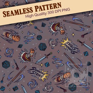 May include: A seamless pattern design with fantasy-themed illustrations, including dice, swords, and fists. The design incorporates the text "STUNNING STRIKE" and "SEAMLESS PATTERN High Quality 300 DPI PNG" on a muted purple backdrop. The artwork is presented in a cartoon style.