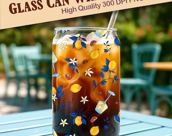 Amalfi Afternoon | Italian Lemons 16 oz Glass Can Wrap Sublimation, 300 DPI PNG - Instant Download - Hand Drawn Mediterranean Summer Coastal