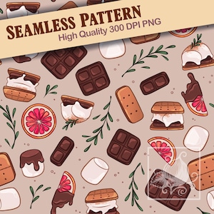 May include: Seamless pattern featuring illustrations of s'mores, chocolate bars, marshmallows, and grapefruit slices. The design includes sprigs of greenery and the text "SEAMLESS PATTERN" and "High Quality 300 DPI PNG" on a beige background.