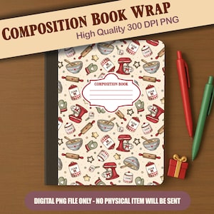 May include: A composition book cover design featuring a repeating pattern of red stand mixers, rolling pins, mixing bowls, and flour canisters on a cream background. A central white label with a red border contains the text COMPOSITION BOOK.