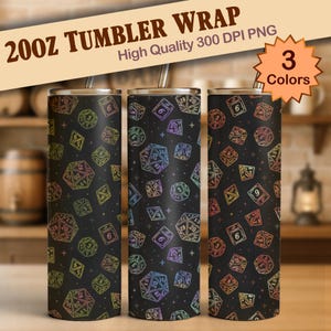 May include: Three 20oz tumbler wraps with a black background and a colorful dice pattern. The tumblers have the text "200Z TUMBLER WRAP" and "High Quality 300 DPI PNG". A starburst graphic indicates "3 Colors".