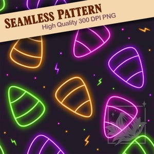 May include: Seamless pattern featuring neon candy corn in orange, green, and purple on a dark background. The design includes small dots and lightning bolt shapes. Text at the top reads "SEAMLESS PATTERN" and "High Quality 300 DPI PNG".